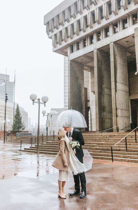 Rainy Elopement Photography, Winter Courthouse Elopement, Winter City Wedding, Boston Wedding Photos, Boston City Hall Wedding, Winter Boston, Boston Elopement, Camel Peacoat, Wedding Photography Guide