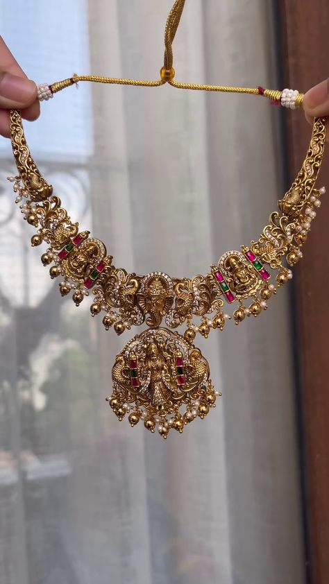 CZ Antique Temple Jadau Necklace From 'Kruthika Jewellery' • South India Jewels Temple Necklace Jewellery, Jadau Necklace, Jadau Jewellery, Temple Jewelry Necklace, Gold Temple Jewellery, Traditional Indian Jewellery, Temple Jewelry, Indian Temple, South Indian Jewellery