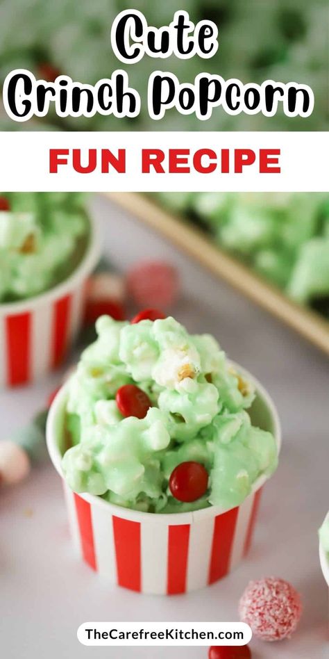 This sweet and salty Grinch Popcorn is a family favorite for holiday movie nights and Christmas parties. Fresh popcorn is covered in a green and buttery white chocolate and marshmallow mixture filled with bright red candies. #thecarefreekitchen #grinch #christmas #popcorn #popcornballs #grinchpopcorn #gourmetpopcorn #holidaymovienight Grinch Popcorn Recipe, Holiday Popcorn Recipes, Red Candies, Christmas Popcorn Recipes, Grinch Popcorn, Chocolate Covered Popcorn, Fresh Popcorn, Peanut Butter Popcorn, Christmas Popcorn