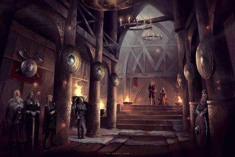 ArtStation - Viking Hall, Nele Diel Viking House Interiors, Viking Hall, Mead Hall, Interior Concept Art, Viking Images, Nordic Architecture, Viking House, Viking Village, Viking Culture