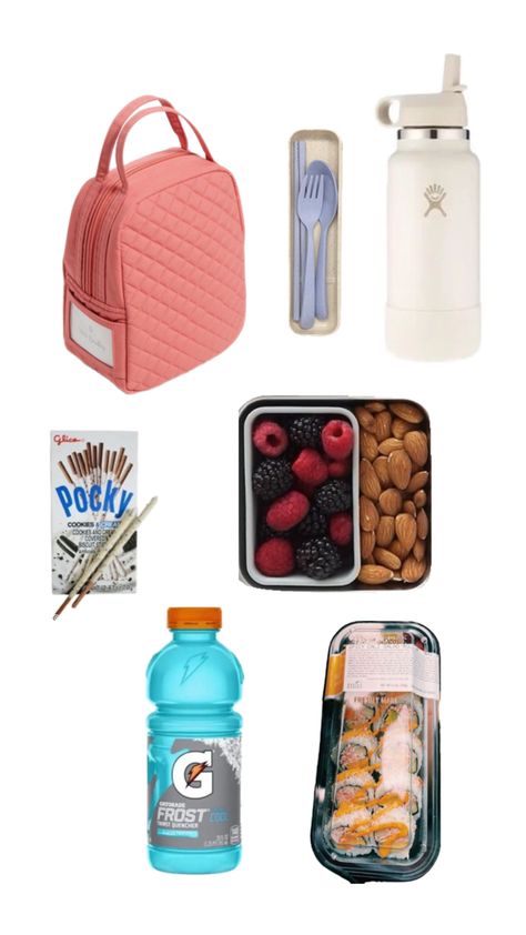 sushi-Walmart/ Gatorade-doller store/ water bottle-Hydroflask/ forks+lunchbag- Amazon Foods For School, Lunch Ideas School, Homemade School Lunches, Fun Kid Lunch, Lunch Box Meals, Lunches For School, Kids Lunch Box Meals, Food Calorie Chart, Back To School Lunches