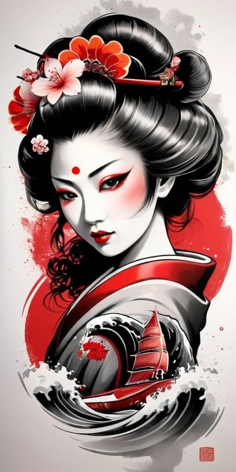 Japan Geisha Art, Geisha Tattoo Design Colored, Japanese Tattoo Designs Geisha, Japanese Geisha Tattoo Design, Japanese Tattoo Geisha, Japanese Tattoo Designs Ideas, Japanese Tattoo Art Geisha, Geisha Artwork Japanese Art, Geisha Tattoo Design Ideas