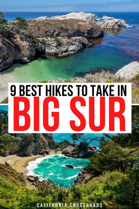 photos of different coastal landscapes with brilliant blue and turquoise water and rock and trees on the big sur coast of California. text reads the best hikes to take in big sur. Best West Coast Hikes, Julia Pfeiffer Burns State Park, Best Hikes In Big Sur, Big Sur Hikes, Pfeiffer Big Sur State Park, Big Sur California Aesthetic, Big Sur California Photography, Big Sur Hiking, Big Sur Trip