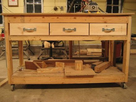 Workbench island with drawers. Useful for storing items and having a 360 Degree work area. Workbench Island, Workbench Drawers, Hobby Workbench, Workbench Garage, Wood Drawer Slides, Drawers Diy, Woodworking Plans Shelves, Kids Tool Bench, Workbench With Drawers