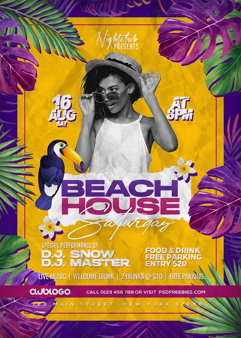 Download our Free Modern Beach House Party Flyer PSD Template! This template is perfect for beach parties, summer events, concerts, music festivals, celebrations, or any type of seasonal party. It's also suitable for promoting bars, cafes, lounges, and other advertising purposes. Summer Festival Poster, House Party Flyer, Beach House Party, Beach Graphic Design, Party Advertising, Spring Flyer, Nightclub Flyer, Beach Party Flyer, Illustrator Ideas