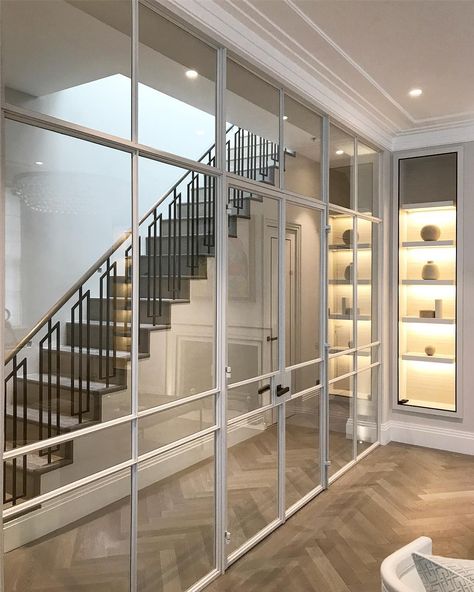 White crittall doors enclosing the reception room from the hallway in Kensington. #crittall #glassdoors #glazing #hallway #light #recess… Crittall Doors, Crittal Doors, Metal Window Frames, Steel Frame Doors, Steel Doors And Windows, Modern Living Room Interior, Reception Room, Glass Doors Interior, House Extensions