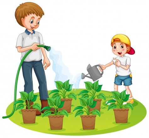 Father and son watering the plants in th... | Free Vector #Freepik #freevector #tree #water #family #man Plant Clip Art, Farm Theme Preschool, Plant Cartoon, School Illustration, School Wall Art, Learning English For Kids, Water Pictures, Plant Vector, Plant Drawing