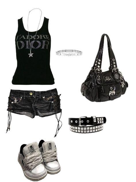 2000s Fashion Outfits Goth, Goth Outfit With Shorts, Goth Outfits Y2k, Emo Outfits Summer, 2000 Grunge Aesthetic, Goth Baddie Outfits, Summer Emo Outfits, Summer Outfits Goth, Emo Summer Outfits