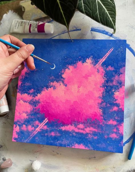 Pink Dreams Original Cloudscape Painting // Cloud Painting // Aesthetic Art // Dreamy Skie I Love You Painting Ideas, Dreamy Gouache Painting, Neon Cloud Painting, Heart Cloud Painting, Pink Gouache Painting, Paint Day Ideas, Painting My Feelings, Aesthetic Sky Painting Acrylic, Cloud Painting Aesthetic