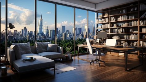 Photo a modern office with a view of the... | Premium Photo #Freepik #photo Office Work Photo, Office With View, Glass Penthouse, Penthouse Office, Ceo Office Design, Lawyer Aesthetic, Big Office, Office With A View, Office View