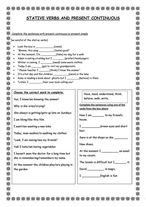 Active and stative verbs - English ESL Worksheets for distance learning and physical classrooms Active Verbs, Stative Verbs, Present Continuous Worksheet, Action Verbs Worksheet, Word Puzzles For Kids, Verbs Worksheet, Present Continuous, Verb Worksheets, English Grammar Worksheets