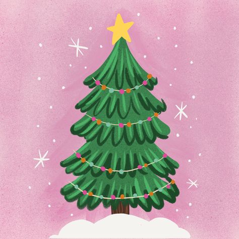 Cute Christmas Tree Painting, Illustration Christmas Tree, Cute Christmas Tree Illustration, Christmas Trees Illustration, Cute Christmas Illustration Art, Procreate Christmas Illustration, Christmas Prints Art, Christmas Scene Illustration, Christmas Animation Illustration