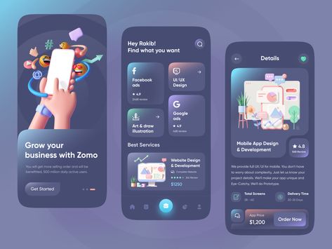 Agency App Design by Rakib Kowshar for ZOMO on Dribbble App Infographic Design, App Inspiration Design, Figma App Design Ideas, Beauty App Design, Ui Design Trends 2024, Application Design Ideas, Modern App Design, Figma Design Ideas, App Design Ideas