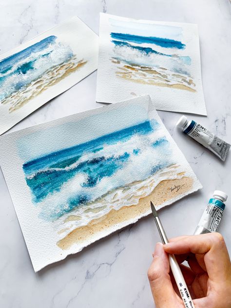 Watercolor Beach Cards, Watercolour Beach Tutorial, Watercolor Beach Tutorial Step By Step, Sea Scapes Paintings Watercolor, Ocean Waves Watercolor, How To Paint Waves Watercolor, Watercolor Inspirations Beginner, Watercolour Beach Painting, Watercolor Waves Tutorial