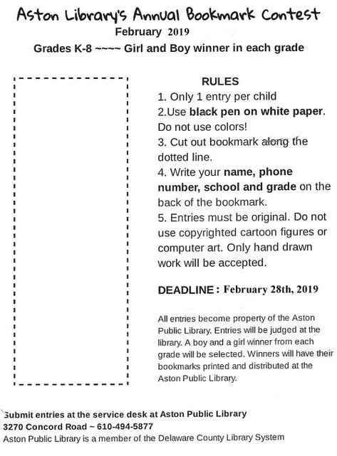 Bookmark Contest! | Aston Public Library Bookmark Contest Ideas, December Library Programs, Public Library Programs For Adults, Library Stations, Library Contests, Bookmark Contest, Passive Programming Library, Public Library Programs, Passive Programming