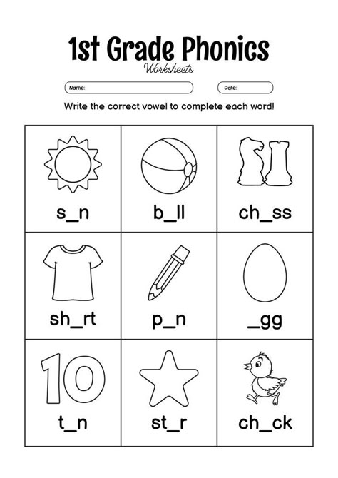 Practice phonics skills in first grade with this engaging worksheet. Help your child strengthen their understanding of letter sounds and word formation as they complete the activities. Make learning phonics fun and effective with this worksheet! Enhance your child's phonics skills today. Try this engaging worksheet to help them build a strong foundation in reading and spelling. #PhonicsPractice #FirstGradeLearning #EducationIsFun #gradefirstgrade Phonics Worksheets Grade 1, Spelling Word Activities, First Grade Reading Comprehension, Cvc Words Kindergarten, Word Formation, Learning Phonics, First Grade Phonics, First Grade Worksheets, Spelling Worksheets