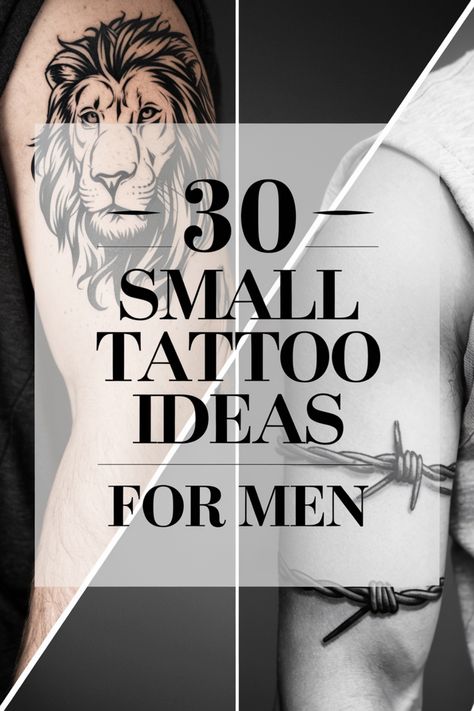 30 small tattoo ideas for men, featuring a lion on the arm and barbed wire on the bicep Simple Shoulder Tattoo For Men, Smaller Tattoos For Men, Upper Shoulder Tattoo Men Ideas Design, Geometric Tattoo Design Men, Minimalist Tattoo For Men, Simple Geometric Tattoo, Tiny Skull Tattoos, Dumbbell Tattoo, Upper Shoulder Tattoo