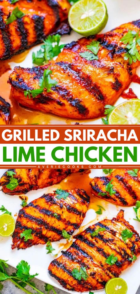 A must-try summer dinner recipe! This summer grilling idea is easy and ready in just 10 minutes. Not only is this lime sriracha chicken tender, juicy, and flavorful, but it is also healthy. So, kick things up a notch with this spicy grilled chicken! Healthy Grilled Chicken Recipes, Grilled Tandoori Chicken, Healthy Chicken Recipe, Grilled Lemon Chicken, Honey Mustard Dipping Sauce, Honey Lime Chicken, Sriracha Chicken, Honey Barbecue, Averie Cooks