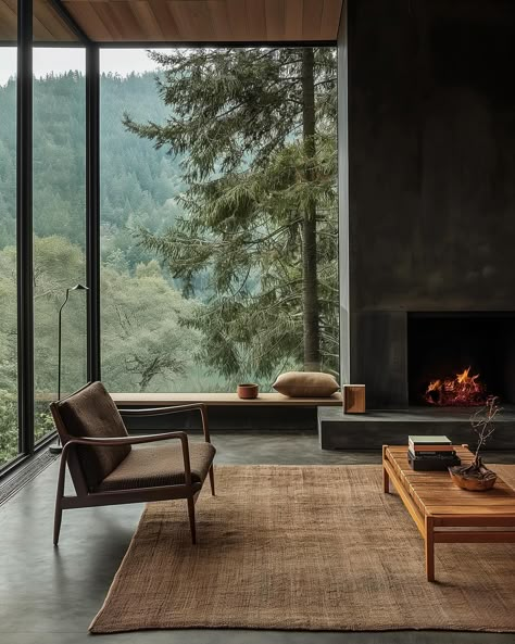 FOREST VIEW | This minimalist interior with dark walls and floor-to-ceiling windows invites the serene beauty of forested hills into the home. Inspired by the timeless style of Frank Lloyd Wright, it’s the perfect blend of elegance and tranquility. AI assisted inspirational concept by @interiorzing #diningroominspo #diningroomideas #diningroomgoals #diningroomdesign #diningroomdecor #interiorinspiration #interior123 #interior2you #moderninterior #moderninteriordesign #modernhomedesign #mo... Scandinavian Dark Floor, Frank Lloyd Wright Homes Interiors, Interior With Dark Floor, Interior Design Dark Wood, Northwest Interior Design, Dark Wood Interior, Frank Lloyd Wright Interior, Living Dining Ideas, Modern Tree House