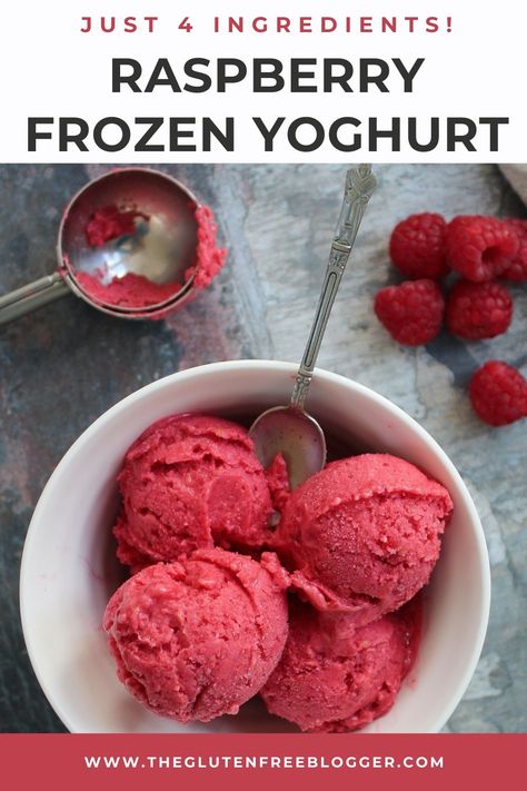 This raspberry frozen yoghurt recipe is scoopable with no ice-cream machine required. Four ingredients and a blender to make this healthy ice-cream alternative. Gluten free. Raspberry Frozen Yogurt Recipe, Frozen Yoghurt Recipe, Raspberry Frozen Yogurt, Homemade Yoghurt, Raspberry Recipe, Frozen Deserts, Frozen Yogurt Recipe, Ice Cream Alternative, Yoghurt Recipe