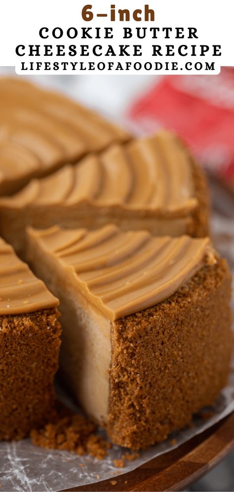 This 6-inch Biscoff Cheesecake recipe is made with three different layers of cookie butter flavor that are sure to satisfy your cravings. Biscoff Cookie Butter Pie, Cheesecake Recipes Biscoff, 6 Inch Cheesecake Recipe, Biscoff Cookie Butter Cheesecake, Recipes Using Biscoff Cookie Butter, Lotus Biscoff Cream Cheese Pound Cake, Biscoff Desserts, Cookie Butter Cheesecake, Biscoff Recipes