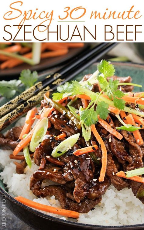 30 Minute Spicy Ginger Szechuan Beef | No need to order take-out, this spicy ginger Szechuan beef is completely mouthwatering and ready in just 30 minutes! Perfect for a busy weeknight dinner! | http://thechunkychef.com #ad Chinese Beef Recipes, Szechuan Beef, Szechuan Recipes, The Chunky Chef, Chunky Chef, Ginger Beef, Asian Beef, Asian Inspired Dishes, Easy Asian