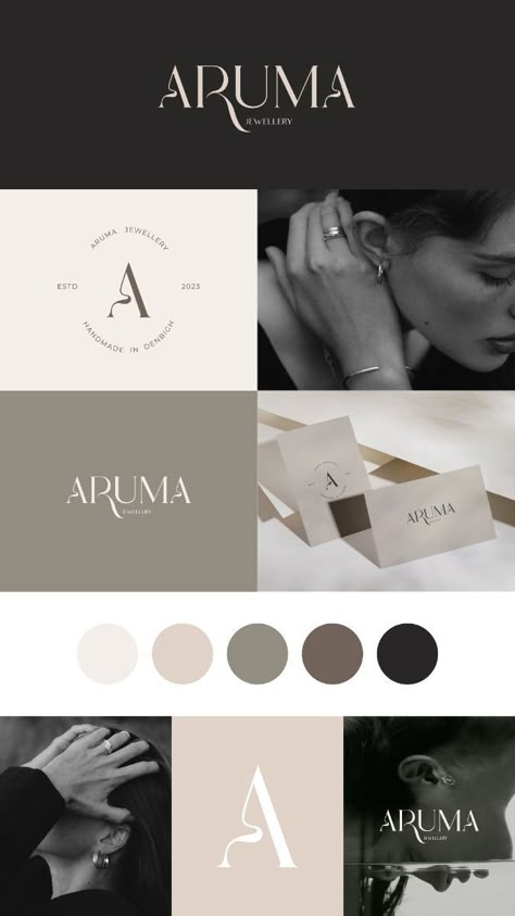 ARUMA - brand board by daianstudio Aruma Jewellery branding collage featuring logo, color palette, and elegant accessory photography. | Sky Rye Design Creative Monogram Logo, Black And Gold Brand Identity, Luxury Branding Design Color Schemes, Black And White Branding Mood Boards, Elegant Personal Branding, Branding Design Minimalist, Brand Design Moodboard, Moodboard Logo Design, Jewellery Brand Design