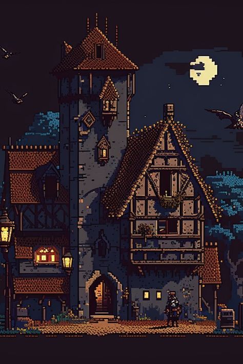 An 8-bit painting of a medieval tower in the middle of the night 1 Bit Art, Pixel Fantasy Art, Digital Pixel Art, Retro Games Art, Fantasy Pixel Art Wallpaper, Dark Fantasy Pixel Art, Pixel Art Town, Medieval Pixel Art, Pixel Art Video Games