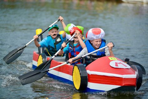 Some float, some don’t: Riverhead’s cardboard boat races return - RiverheadLOCAL Cardboard Boat Regatta, Cardboard Regatta Boat Ideas, Cardboard Boats That Floats, Cardboard Boat Ideas, Cardboard Boat Race Design, Cardboard Boat Designs, Cardboard Boat Diy, Boat Parade Decorating Ideas, Boat Parade Ideas