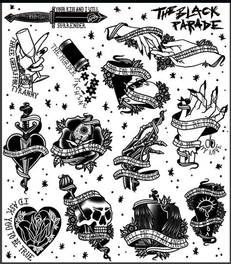 MCR Tattoo Flash Sheet from @ufgogh on Twitter and @amandavey.art on Instagram. Dayseeker Tattoo, My Chemical Romance Albums, Money Tattoos, Emo Tattoos, Molecule Tattoo, Full Tattoo, Tattoo Flash Sheet, Halloween Tattoo, Music Tattoo