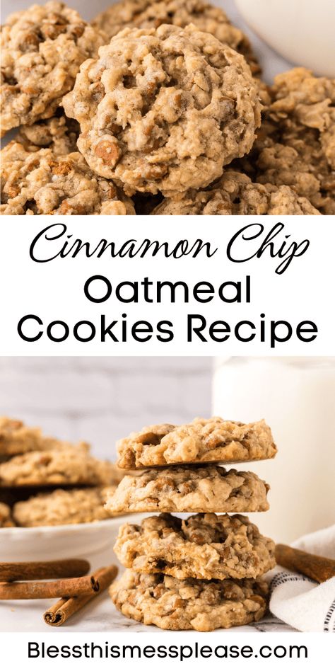 Oatmeal Cookies with Cinnamon Chips Cinnamon Chip Oatmeal Cookies, Cinnamon Oatmeal Chocolate Chip Cookies, Cinnamon Chip Cookies Recipes, Oatmeal Cinnamon Chip Cookies, Cinnamon Chips Recipes Baking, Recipes With Cinnamon Chips, Cinnamon Chips Recipes, Cookies With Cinnamon Chips, Oatmeal Cinnamon Cookies