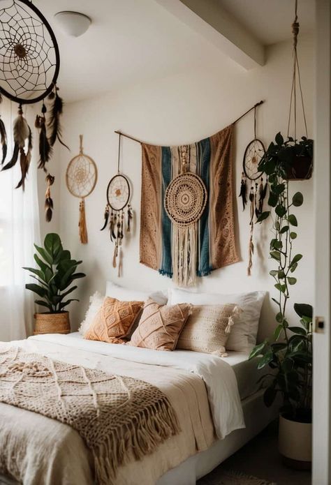 Boho style can transform a small bedroom into a cozy, eclectic oasis. This laid-back look mixes textures, patterns, and colors to create a unique space that feels relaxed and personal. Even if you don't have Dark Wood Bedframe Bedroom Ideas, Dark Wood Bedframe Bedroom, Boho Small Bedroom, Deep Blue Bedding, Rustic Wooden Headboard, Low Beds, Canopy Bed Drapes, Wooden Canopy Bed, Bedroom Ideas Pinterest