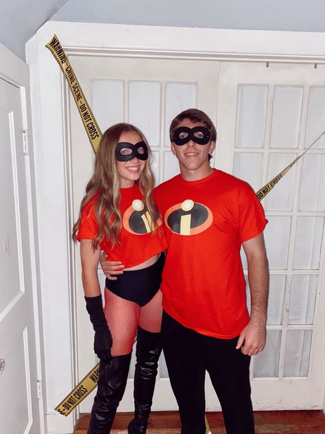 mr and mrs incredible halloween costume Couples Hero Costumes, Couples Incredibles Costume, Mr And Mrs Incredible Costume Diy, The Incredibles Costume Diy, Couple Halloween Costumes Incredibles, Incredible Couple Costume, The Incredibles Couple Costume, Elastigirl Costume Diy, Mr And Ms Incredible Costume