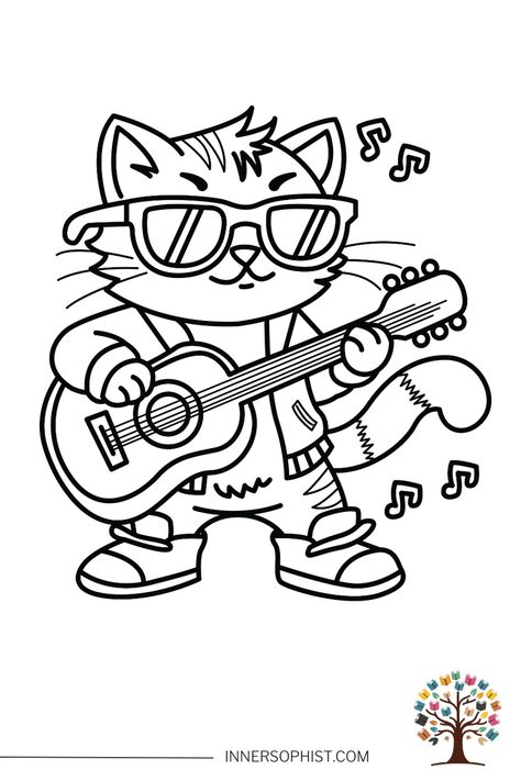 Rocking Cat With Guitar - Coloring Page Cat With Guitar, Cat Coloring Page, Cool Coloring Pages, Cute Coloring Pages, Kids Art, Free Coloring Pages, Kids Art Projects, Colouring Pages, Free Coloring