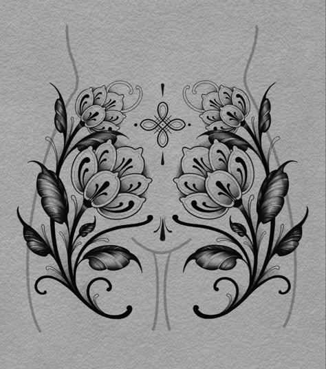 Art Nouveau Mandala, Ornamental Flower Design, Ornamental Flowers Tattoo, Ornamental Peony Tattoo, Ornamental Tattoo Sternum, Symmetrical Flower Tattoo, Flower Ornamental Tattoo, Ornamental Flower Tattoo, Ornamental Sleeve