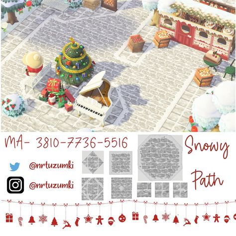 Acnh Snowy Brick Path, Acnh Holiday Codes, Animal Crossing Christmas Design Codes, Christmas Acnh, Acnh Christmas Code, Acnh Winter, Acnh Christmas, Snowy Path, Winter Core