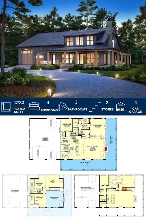 Wrap Around Barndominium, 2 Floor Barndominium Floor Plans, Family Floor Plans, Barndonium Floorplans, Barndominium Ideas With Loft, 4 Bed 3 Bath Barndominium, 50x60 House Plans Layout, 5 Bedroom 2 Story Barndominium Floor Plans, 4 Bedroom Barndominium Plans