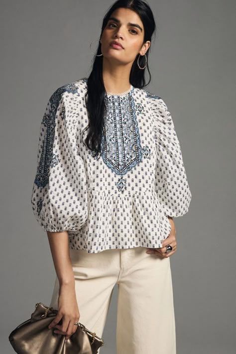 https://s7d2.scene7.com/is/image/nu/4110578570060_049_b?$pdp-regular$ Balloon Sleeves Blouse, Japan Clothing, Elegant Wardrobe, Kurtis Design, Travel Fits, Applique Top, Fall Sewing, Babydoll Shirt, Anthropologie Style