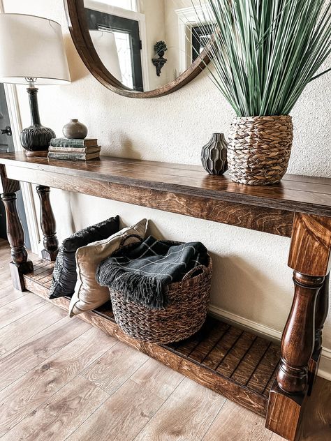 Add an elegant, yet distinctively rustic touch to your home with this farmhouse-style Large Entry Table console. Crafted with durable solid knotty pine, its baluster legs and plank-style shelf and tabletop provide sturdy and stylish storage and display space. Perfect for your entryway, living room, or as a sofa table. An eye-catching finishing touch to your home decor. ** Visit directly on our own website at www.thelovemadehome.com ** we offer matching sets to make it easier to shop! Here is what you need to know about this listing to get started: Entry/Console/Sofa Table Style: Rectangle, Stained, Distressed Leg: Round/Baluster Leg Finish Fully Stained and poly coated Length 72 inch Width: 15 in. Height: 33 in. *Dimensions are approximations  All of our stained pieces are given a clear co Tv Stand And End Tables, Stacking Books, Stylish Entryway, Wall Stove, Seasonal Decor Fall, Console Table Sofa, Pet Decor, Laundry Hampers, Storing Blankets