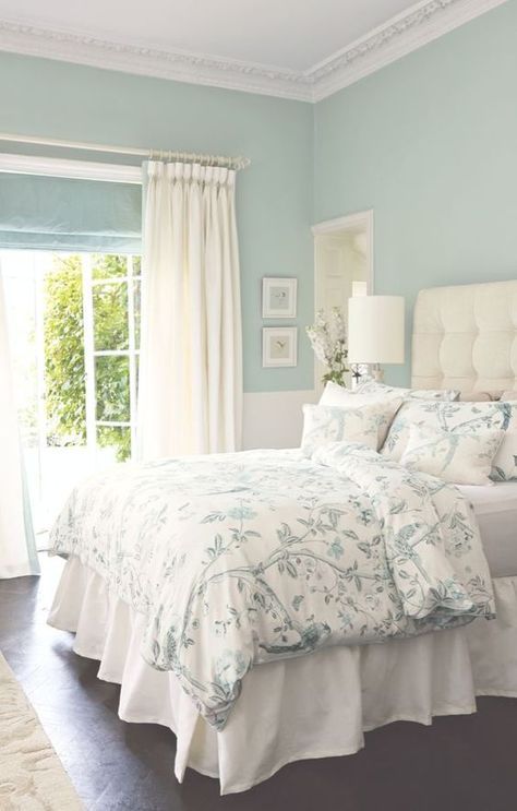 Blue Bedroom Colors, Spring Bedroom, Bedroom Paint Colors, Trendy Bedroom, Blue Bedroom, Master Bedrooms Decor, White Bedding, Blue Walls, Beautiful Bedrooms