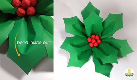 Christmas Paper Craft: How to Make Large Holly Berries (with Leaves) | CreativityWindow™ - CreativityWindow™ Paper Holly Leaves, Origami Leaves, Holly And Ivy, Christmas Paper Craft, Holly Decorations, Christmas Wreath Craft, Traditional Christmas Decorations, Christmas Paper Crafts, Kid Art