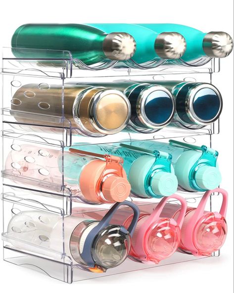 Need a better way to store all those millions of water bottles!? Try out this perfect organzied storage shelf! #waterbottlestorage #storage #kitchen #kitchengadgets #storagehacks #storageideas Drink Organizer, Water Bottle Storage Rack, Water Bottle Organizer, Water Bottle Organization, Bottle Organizer, Water Bottle Storage, Thermos Water Bottle, Large Water Bottle, Fridge Organisers