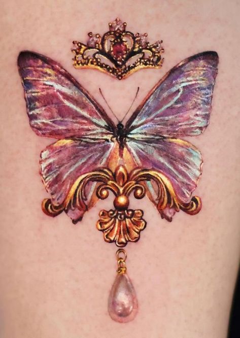 Butterfly Gem Tattoo, Gold Butterfly Tattoo, Diamond Butterfly Tattoo, Jewel Tattoo Gem, Butterfly Tattoo Chest, Gemstone Tattoo, Jewlery Tattoo, Gold Tattoo Ink, Colour Tattoo For Women