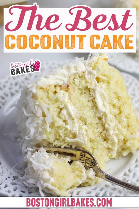 I dare say this might be the best coconut cake recipe ever. Made with cake flour, butter and oil it is perfectly moist with a tender crumb. And it’s packed with triple the coconut flavor- coconut milk, coconut extract, and shredded coconut. So if you are a coconut fan like me, then you are going to adore this light and fluffy cake as much as I did. Once cooled, I frost this in coconut buttercream frosting for coconut in every bite. | @bostongirlbakes Best Coconut Cake Recipe Ever, The Best Coconut Cake, Best Coconut Cake, Coconut Buttercream Frosting, Best Coconut Cake Recipe, Cake With Icing, Coconut Cream Cake, Coconut Buttercream, Coconut Cake Recipe