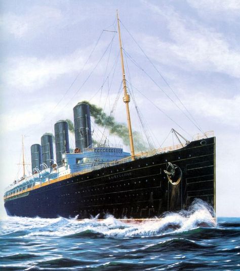 Lusitania (1915).  El Lusitania, lujoso barco de pasajeros, fue torpedeado el 7 de mayo de 1915 por el submarino alemán U-20 frente a costas irlandesas. Tardó unos 18 minutos en hundirse y de los 1.256 pasajeros que estaban a bordo, sólo sobrevivieron 475, mientras que de sus 693 tripulantes, se salvaron 292 personas. Ken Marschall, Rms Lusitania, Cunard Cruise, Board House, Uss America, Titanic History, Titanic Ship, Cargo Ships, Cunard Line