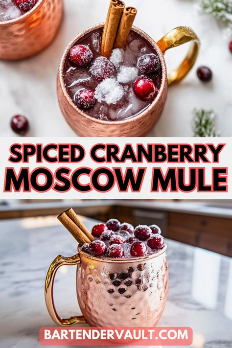 Two photos of a cocktail called the Spiced Cranberry Mule Recipe from different angles Reindeer Mule Cocktail, Spiced Cranberry Mule, Christmas Mule Cocktail Pitcher, Cranberry Mule Recipe, Christmas Mules Cocktail, Holiday Moscow Mule Recipe, Christmas Moscow Mule Recipe, Cranberry Mules Cocktail Recipes, Holiday Mule Cocktail