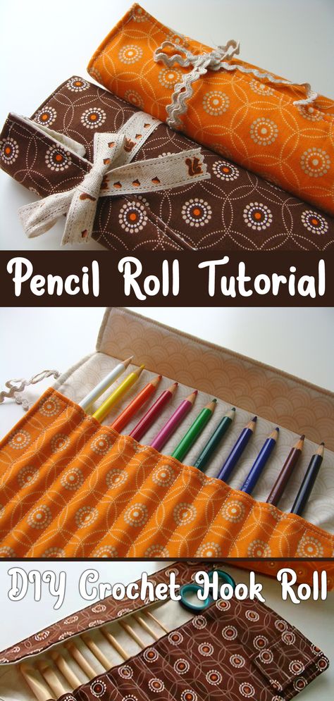 A Pencil Roll or Crochet Hook Tutorial Sewing Pencil Case, How To Make Bags, Diy Crochet Hook, Pencil Case Tutorial, Pencil Case Sewing, Roll Up Pencil Case, Crochet Hook Roll, Makeup Brush Roll, Cushion Tutorial