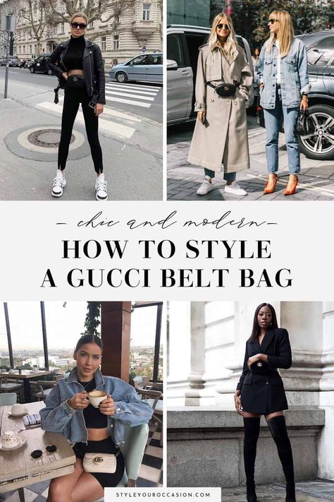 Wondering how to style a Gucci belt bag? Get chic and modern belt bag outfit ideas for 2022 and 2023 (spring, summer, and fall!), whether you love the Gucci supreme belt bag or the classic black Marmont with interlocking g. You'll love these street styles and outfit mood boards! Gucci Marmont Belt Bag Outfit, Gucci Belt Bag Outfit Street Styles, Belt Bag Outfit Street Style, Gucci Belt Bag Outfit, Gucci Bag Outfit Street Styles, Belt Bag Outfits, Gucci Bum Bag, Ysl Belt Bag, Gucci Bag Outfit