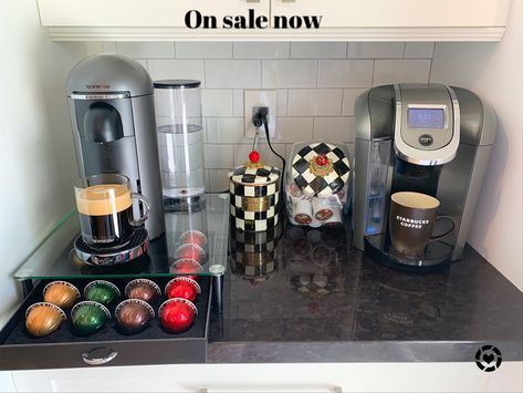 2 Coffee Machines On Counter, Nespresso And Keurig Coffee Bar, Nespresso Set Up On Kitchen Counter, Nespresso Coffee Bar Ideas Kitchen Counter, Coffee Bar Ideas Kitchen Counter, Nespresso Coffee Maker, Coffee Area, Nespresso Coffee, Nespresso Machine