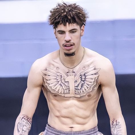 Melo Ball Tattoo, Lamelo Ball Chest Tattoo, Lamelo Ball Tattoo, Lamello Ball, Liangelo Ball, Mike Williams, Wing Tattoo, Chest Tattoo Men, Leg Tattoo Men